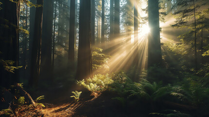 an ancient redwood forest, sunbeams, forest floor detail