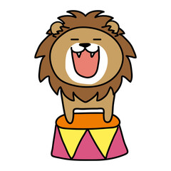サーカスで台に乗って吠えるライオン