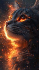 A mystical cat portrait illuminated by glowing sparks, showcasing dramatic features and an enchanting atmosphere.