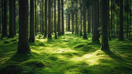 A serene forest scene with tall trees and lush green moss covering the ground, illuminated by soft sunlight filtering through leaves.