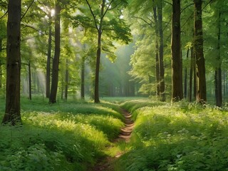 Obraz premium Sunny forest landscape with soft rays of light streaming through the green tree crowns