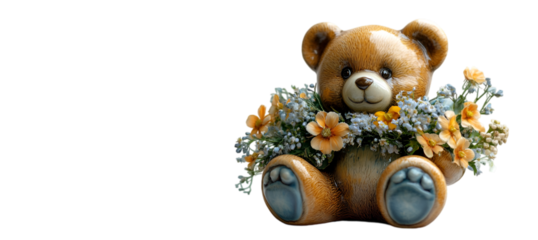 a teddy bear holding flowers.