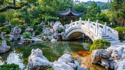 Naklejka premium A serene garden scene featuring a traditional bridge, lush greenery, tranquil water, and vibrant koi fish in a peaceful setting.