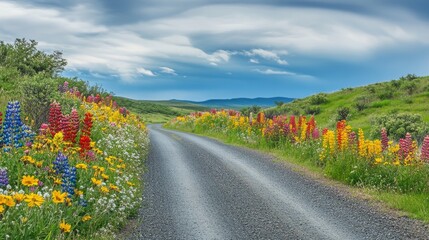 A serene country road lined with blooming wildflowers, their vibrant colors creating a natural border that stretches into the horizon.
