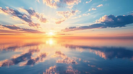 A serene sunset over calm waters with golden and pink hues reflecting in the sky, clouds scattering across the horizon.