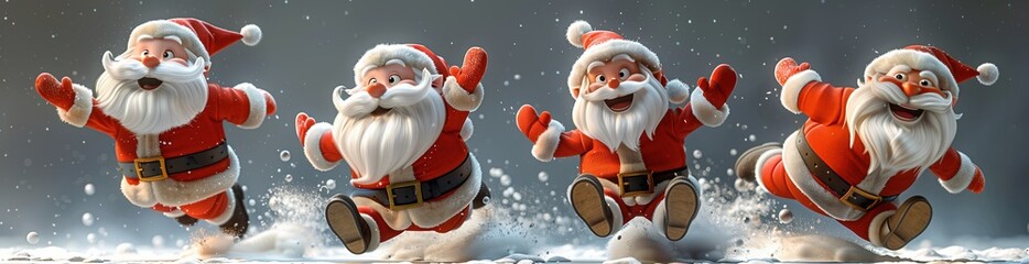 Four cute Santa Claus characters in jumping poses with happy expressions on a white background, featuring a playful cartoon style with simple lines and vibrant, solid color blocks.