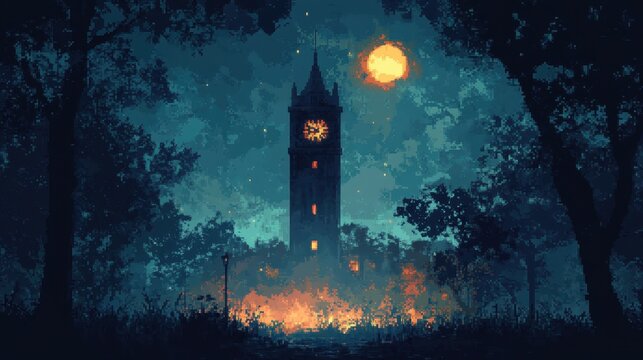 Retro Pixelated Clock Tower with Flickering Lights in Warm Tones - 16-bit Minimalist Composition