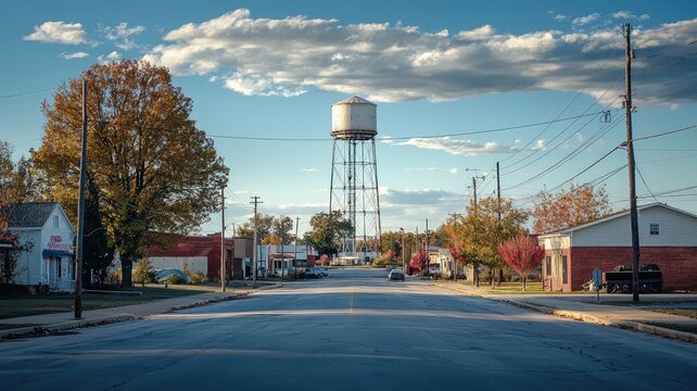 A serene small town scene featuring a vintage water tower surrounded by colorful autumn trees and quiet streets under a clear sky.