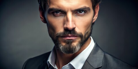 A stylishly groomed goattee adorns a confident male's chin, framed by a strong jawline and subtle stubble, exuding