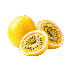 Fresh Yellow Passion Fruit Whole and Halved Isolated on Background