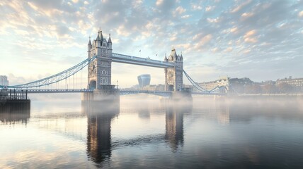 Obraz premium A serene view of Tower Bridge in London, shrouded in morning mist, reflecting beautifully in the calm waters below.