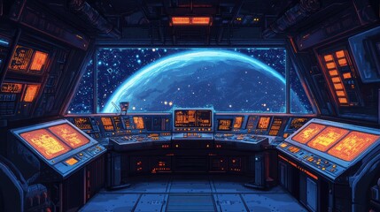 Obraz premium Retro Sci-Fi Space Station Control Room with 16-Bit Pixelated Screens and Glowing Panels in Dark Tones