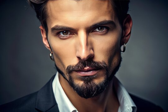 A stylishly-groomed goatee accentuates a confident man's defined jawline, with neatly-trimmed facial hair framing his