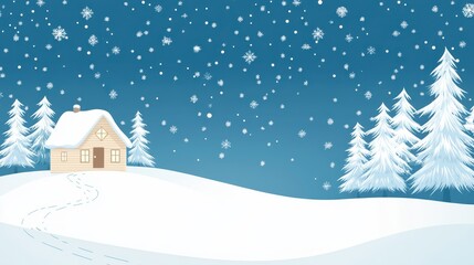 Charming winter night scene with a cozy cabin, snow-covered landscape, and twinkling stars in the sky. Magical Christmas season concept.