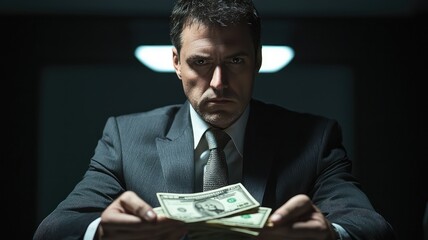 A serious businessman holding cash, embodying themes of finance, power, and decision-making in a corporate environment.