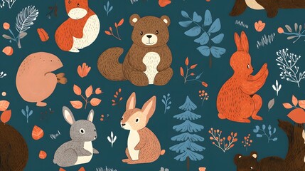 A Seamless Pattern Featuring Adorable Forest Animals and Plants