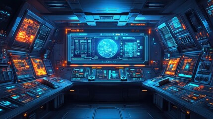 Fototapeta premium Pixelated Futuristic Control Center with Robotic Arms and Holographic Screens in Retro Sci-Fi Atmosphere