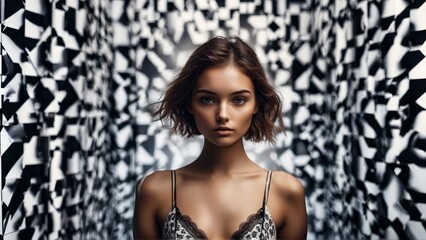 Model in lingerie with optical illusion patterns mind bending backdrop surreal and mesmerizing