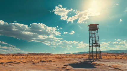 Naklejka premium A solitary watchtower stands in a vast desert landscape under a bright blue sky with fluffy clouds, capturing the essence of tranquility.