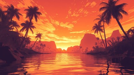 Ethereal Desert Oasis in 16-Bit Silhouette Style with Simplified Palm Trees and Copy Space for Design