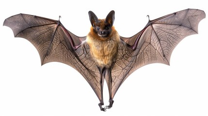 A bat with outstretched wings hanging upside down isolated on white background