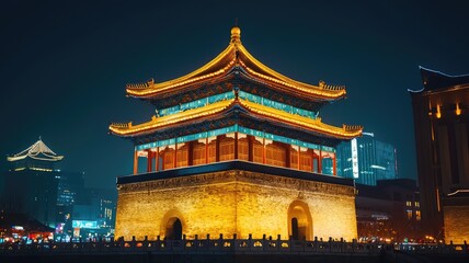 Obraz premium A stunning night view of a traditional architectural landmark illuminated with bright lights against a vibrant city backdrop.