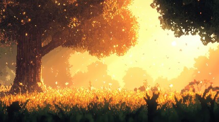 Tranquil Pixelated Forest Clearing with Copy Space in Serene Pixel Forest - Composite Effect Landscape Background