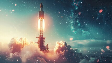 Fototapeta premium A stunning rocket launch into a starry sky, symbolizing adventure and innovation, surrounded by clouds and cosmic elements.