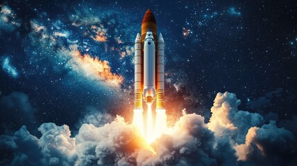 Fototapeta premium A stunning rocket launch into the vast cosmos, surrounded by a cloud of smoke and vibrant colors, symbolizing technological advancement.