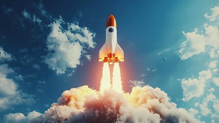 Fototapeta premium A stunning rocket launching into the sky, leaving a trail of smoke and fire against a backdrop of blue clouds.
