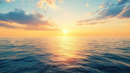 Fototapeta premium A stunning sunset over a calm ocean, with vibrant colors reflecting on the water. Perfect for nature and travel themes.