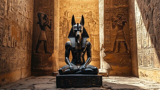 A stunning statue of Anubis, the ancient Egyptian god, in a beautifully detailed temple environment with hieroglyphs.