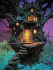 Obraz premium A whimsical treehouse with warm lights nestled among branches, evoking a sense of magic and adventure in a dreamy landscape.