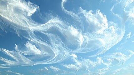 Strange, ribbon-like clouds swirl across the sky, their thin, delicate patterns creating a visual dance as they twist and turn in the wind.