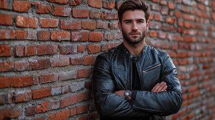 Obraz premium A stylish man in a leather jacket poses confidently against a brick wall, showcasing a modern and urban aesthetic.