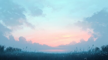 Fototapeta premium The calm before dusk, with a sky dimly lit by the last moments of daylight, soft pinks and blues mingling on the horizon.