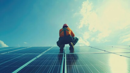 A technician climbing on solar panels under a bright sky, showcasing renewable energy and modern technology in action.