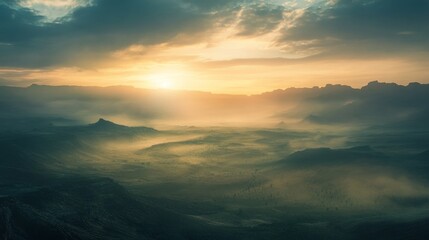 Obraz premium The sky darkens as dusk approaches, with the last rays of sunlight peeking through layers of cloud, casting soft shadows across the land.