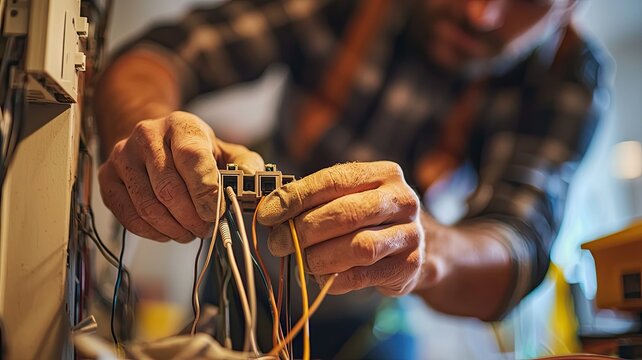 A technician skillfully connects electrical wires, demonstrating expertise in wiring tasks and working on complex systems.