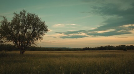 Obraz premium The sky dims with soft, muted colors just before dusk, the fading light casting a gentle glow on a peaceful, quiet landscape.