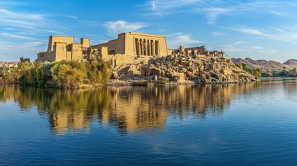 Fototapeta premium A tranquil view of an ancient temple beside a calm river, reflecting beautiful blue skies and surrounding nature.