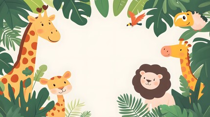 Cartoon Animals Surrounded by Lush Tropical Leaves