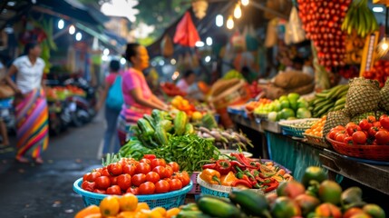 A bustling local market with colorful stalls, where a shopper selects fresh, locally sourced products and handmade crafts