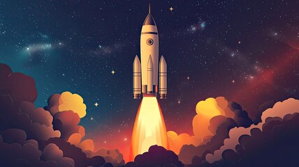 Obraz premium A vibrant illustration of a rocket launching into space, surrounded by colorful clouds and a mesmerizing cosmic backdrop.