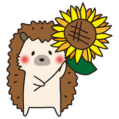 ヒマワリを持っているハリネズミ