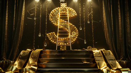 Golden Dollar Podium with Ladder and Ribbon Decoration on Black Background, Featuring Abstract Golden Letters and Floating Stars in a Hyper-Realistic, High-Detail Illustration. Luxurious and Elegant C
