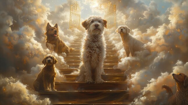 All Dogs Go to Heaven, Oil Painting Illustration, Dog Art, Heartwarming Pet Memorial Art, Stairway to Heaven, Rainbow Bridge, dpi