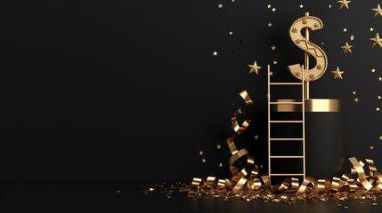 Golden Dollar Podium with Ladder and Ribbon Decoration on Black Background, Featuring Abstract Golden Letters and Floating Stars in a Hyper-Realistic, High-Detail Illustration. Luxurious and Elegant C
