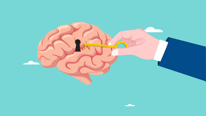 unlock the potential to develop talents or interests, key to career success or work achievement, motivation to set new mindset, businessman hand putting golden key to unlock potential in human brain