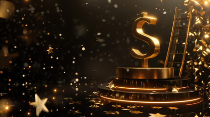 Golden Dollar Podium with Ladder and Ribbon Decoration on Black Background, Featuring Abstract Golden Letters and Floating Stars in a Hyper-Realistic, High-Detail Illustration. Luxurious and Elegant C